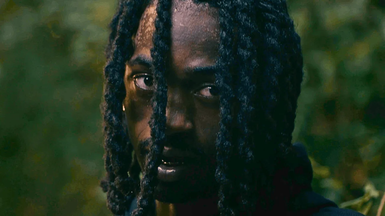 Close-up portrait of a man with long locs partly covering his face, lit in natural light against green foliage.